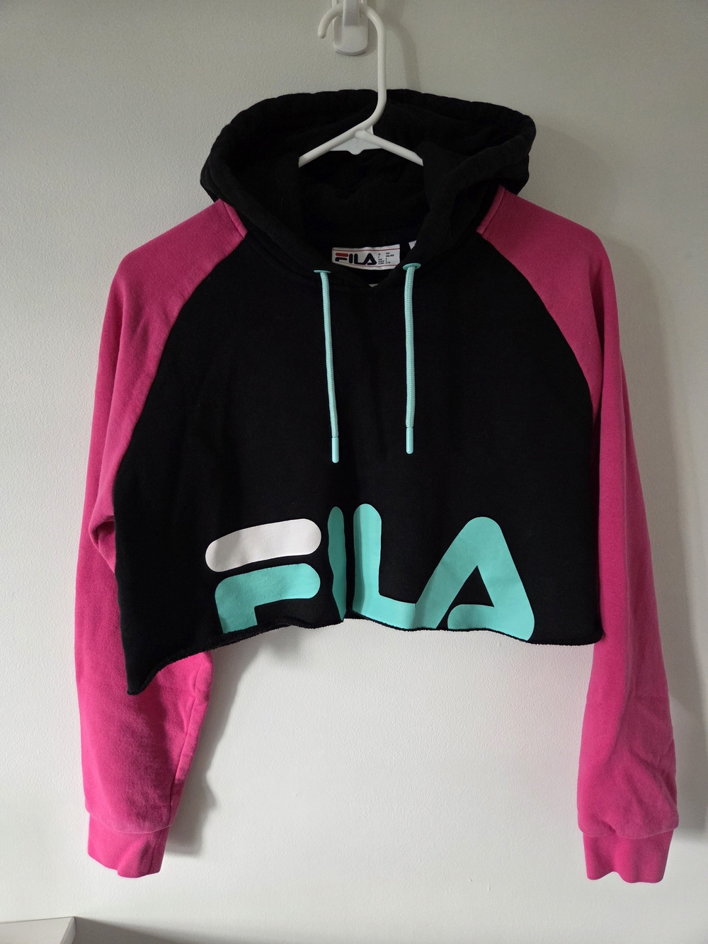 ​Fila Vintage Colorblock Crop Hoodie Sweatshirt Black Hot Pink Teal Large L